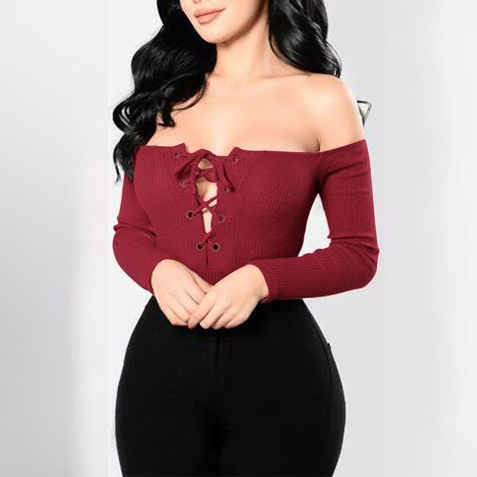 Sedrinuo lace up off shoulder long sleeve bodycon bodysuits women one piece sexy skinny sexy bodysuit women romper jumpsuit