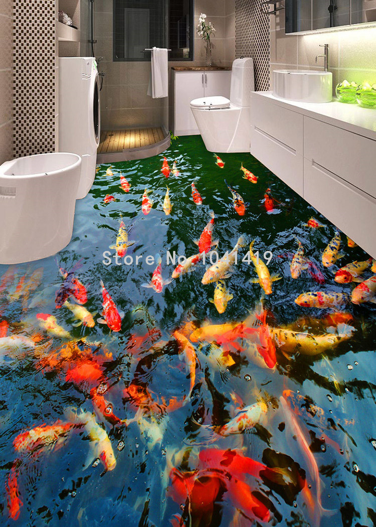 PVC Self Adhesive Waterproof 3D Floor Murals Goldfish Pond Photo Wall Paper Sticker Bathroom Kitchen Home Decor Papel De Parede